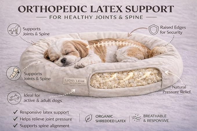 Round Dog Bed – Natural Canvas, Removable Washable Cover, Raw Cotton or Latex Fill, Hypoallergenic Non-Toxic, Made in USA (Natural, Small, Firm Support – Raw Cotton)