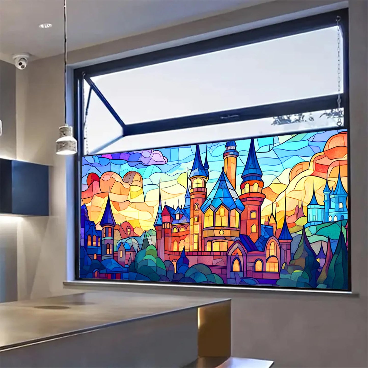 HOMETITUTE Stained Glass Castle Pattern Rainbow Window Film 39.3x17.7 inches Non-Adhesive Removable Reusable for Glass Door Home and Office Bedrooms PVC Static Cling Sticker