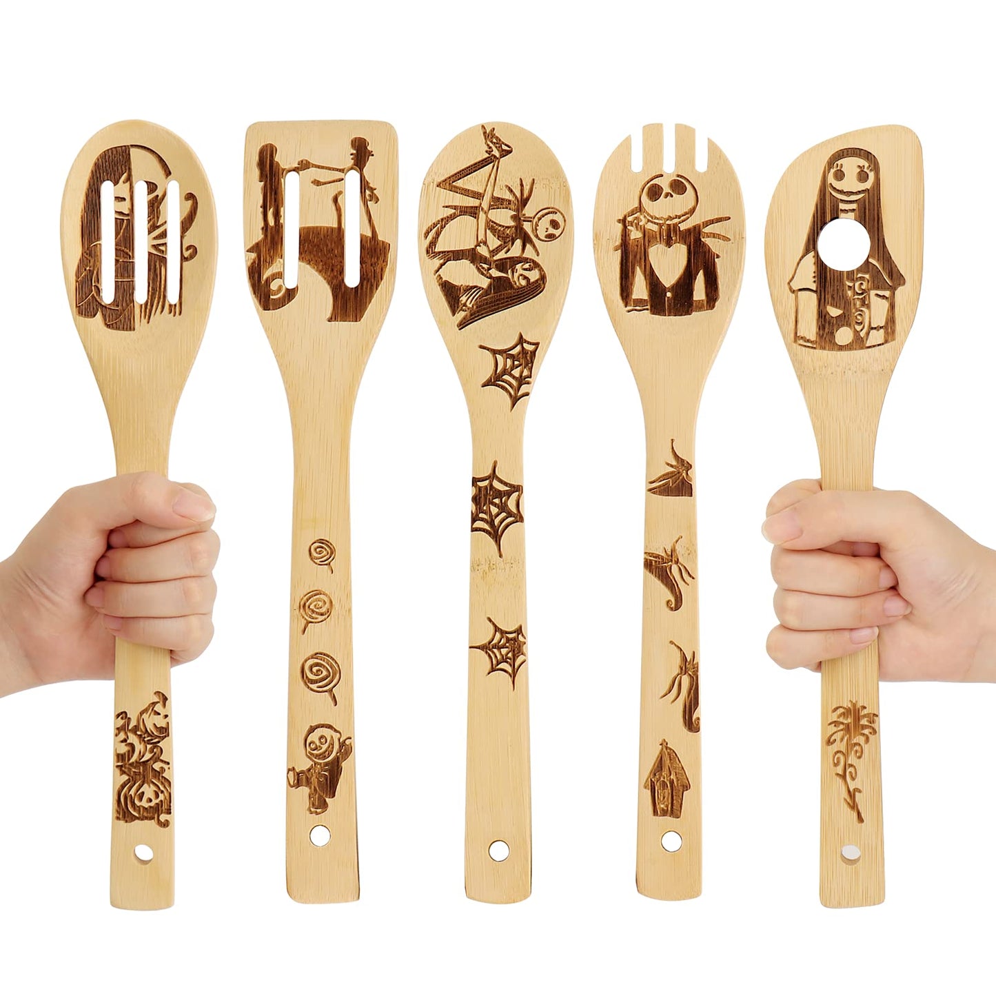 Nightmare Before Christmas Gifts - 5 Pcs Wooden Spoons for Cooking,Halloween Kitchen Utensils Set,Cooking Utensils set for Halloween Decor