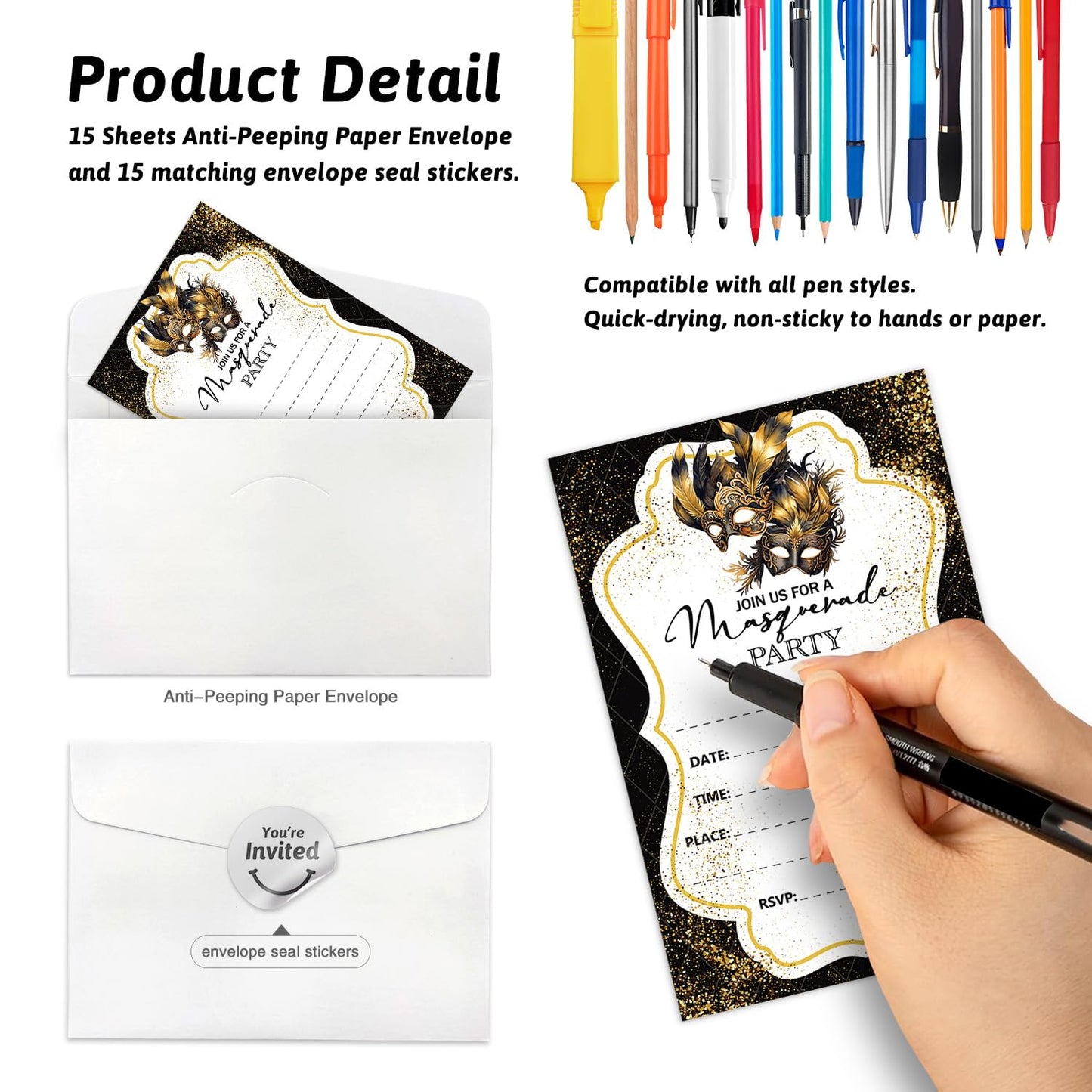 Cusrtyh Black Gold Mask Masquerade Ball Personalized Party Shaped Fill-In Invitations card 15 Sheets with Envelopes, Masquerade Party Invites, Masquerade Mask Invitations Cards Mardi Gras Supplies
