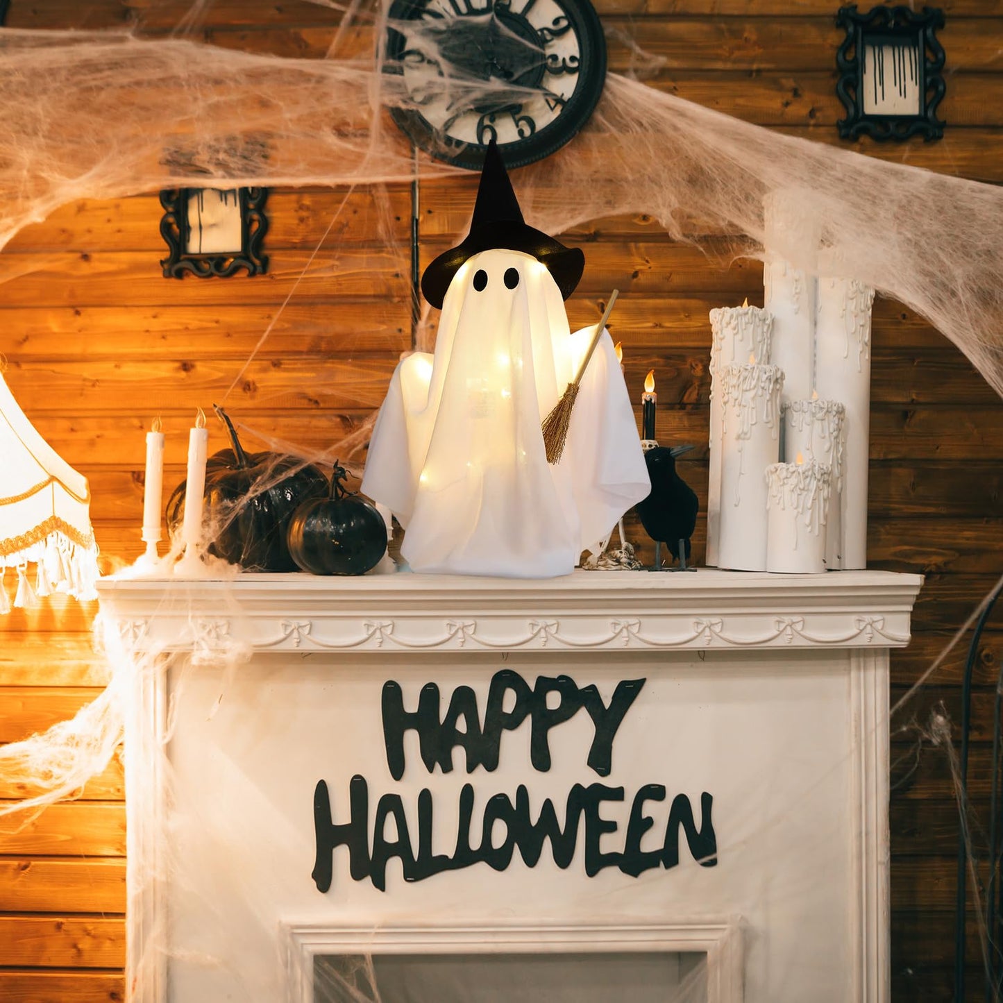 Leinuosen Light Up Disco Ghosts Halloween Decorations Indoor Spooky Ghosts with String Lights Witch Hats Broom Halloween Table Decor for Home Party Table Mantel Room Kitchen Haunted House (Fabric)