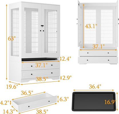 Large Bird Parakeet Parrot Cockatiel Cage, Tall Big Bird Flight Cages with 2 Drawers, a Removable Tray, Metal Grid Doors and a Robust Lock for Finch, Conure, Budgie, Macaw, Canary, White