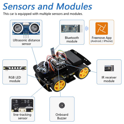 Freenove 4WD Car Kit (Compatible with Arduino IDE), Line Tracking, Obstacle Avoidance, Wireless Control App, Ultrasonic Sensor Motor Servo