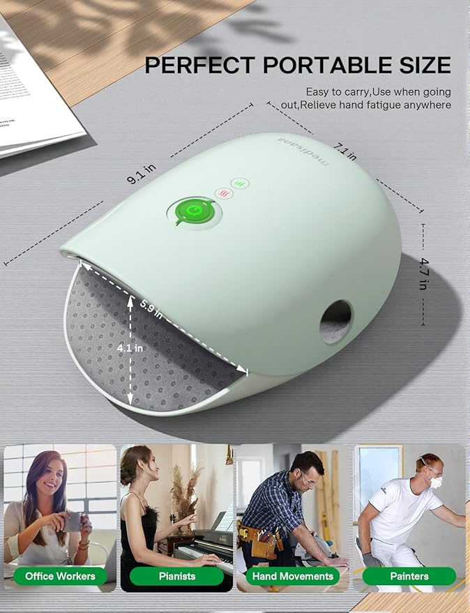 Medisana Hand Massager with Heat and Compression, Cordless Hand Massager for Arthritis and Carpal Tunnel Relief, Knuckle Stretching Massage, Birthday Christmas Gifts for Men Women Dad Mom-Green