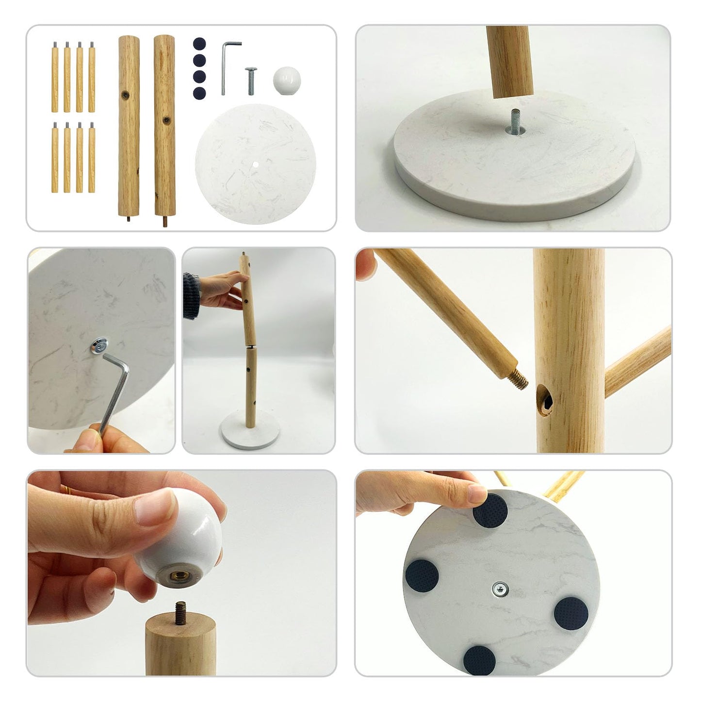 SNAIL GARDEN Screwed-in 8 Hooks Coffee Mug Holder, Marble Bas Mug Tree with Ceramic Handles, Wooden Coffee Cup Rack, Cup Stand for Counter Bar Accessories and Decor