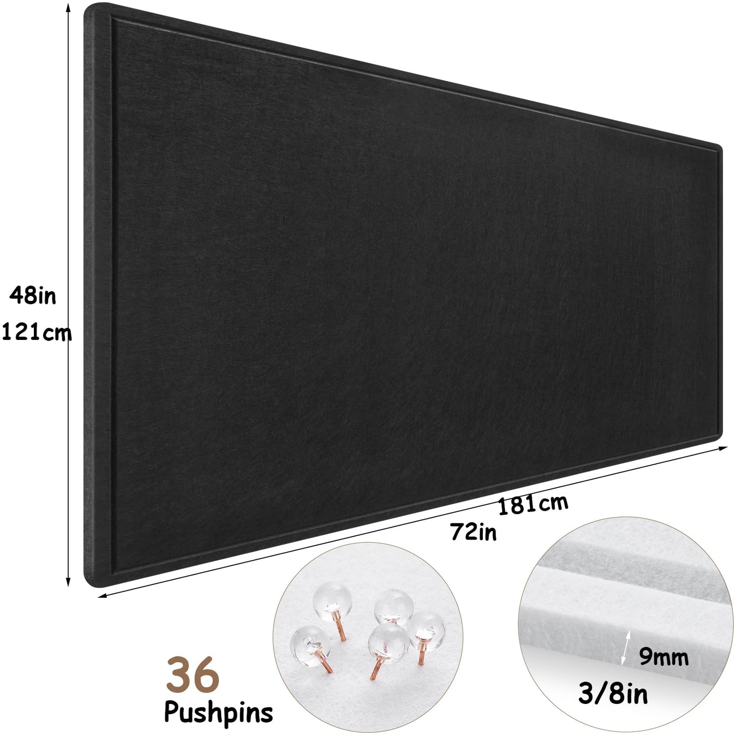Large Bulletin Board, Foldable 72x48 Inches Cork Board Alternative, Large Felt Board Decorative Pin Board for Wall, Foldable Photo Board Self-Adhesive Vision Board with 36 Pushpins Black