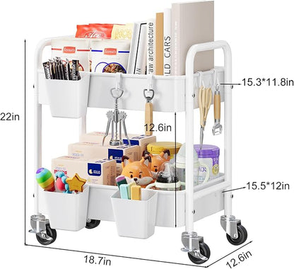 2 Tier Small Rolling Cart Metal with Wheels, White Under Desk Storage Cart on Wheels, Short Utility Roller Caddy Carts Organizer for Art,Craft,Pantry,Bathroom, Two Tiered Shelf Trolley, 22 Inches Tall