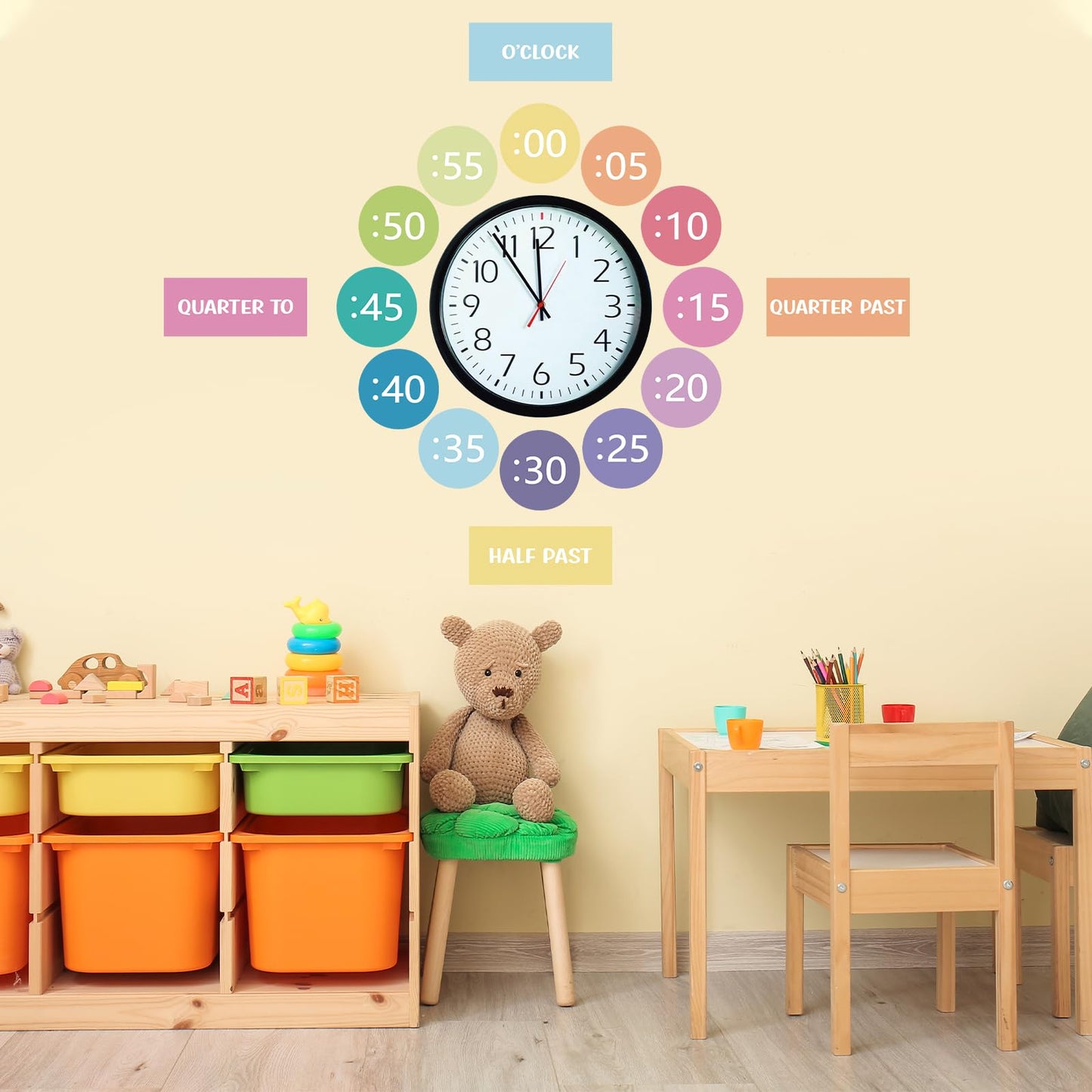 Sereliy Clock Numbers Bulletin Board Kits, Paper Telling Time Teaching Clock for Kids Labels, Learning to Tell Time Cutouts for Elementary Math Classroom Must Haves (Colorful)