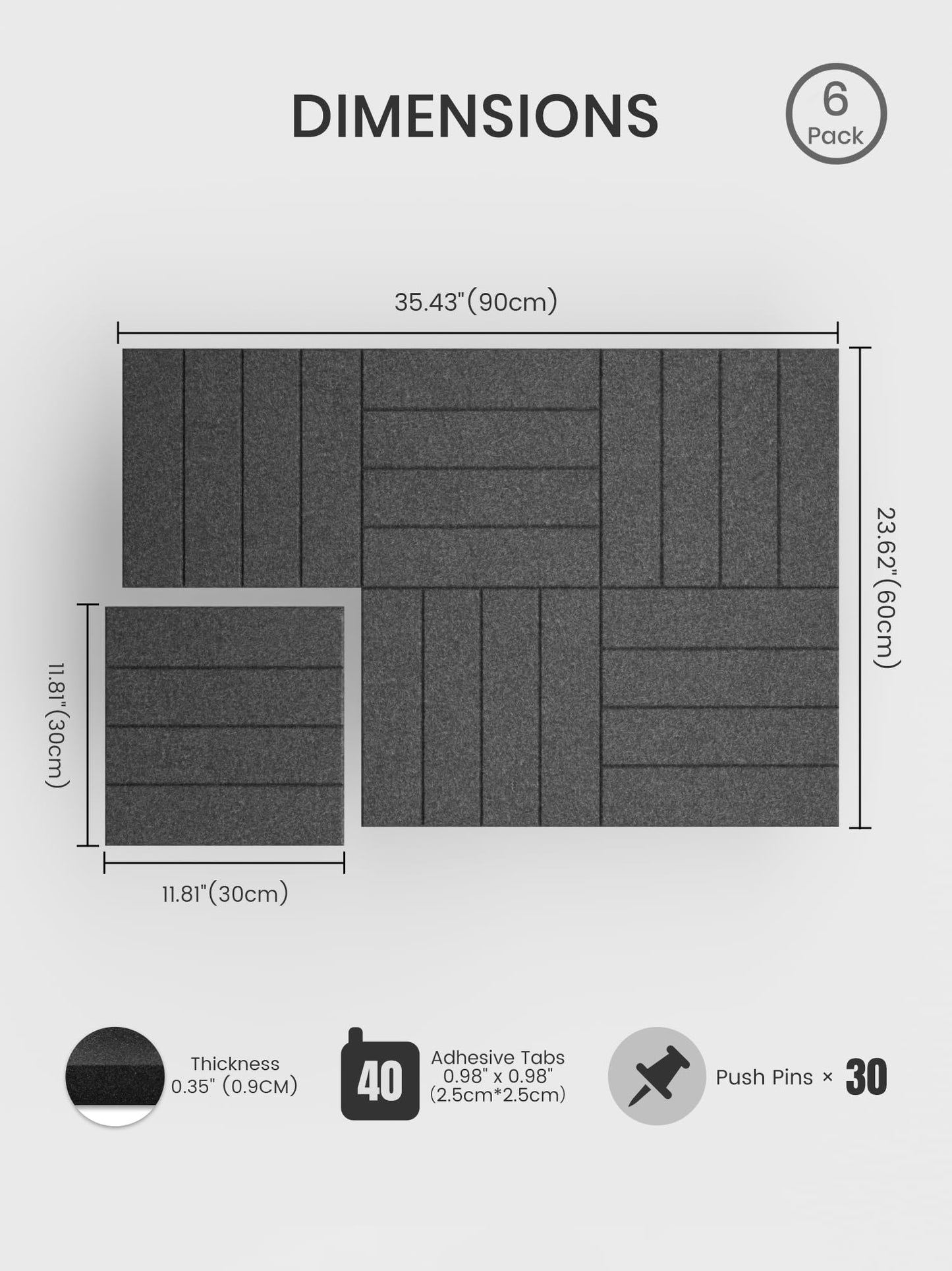 Bumusty Large Cork Board Alternative-36 x 24" Felt Bulletin Board Tiles, with 30 Pushpins, 40 Adhesive Tabs, Bold-Stripe 6-Pack, Cork Boards for Office Push Pin Board Felt Board-Charcoal Gray