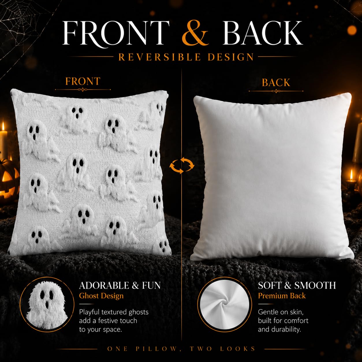 Brylla Halloween Pillow Covers 18 x18 Inch Set of 2 - White Floating Ghost Soft Plush Faux Fur Retro Throw Pillow Cases for Couch Sofa Living Room, Chair Halloween Indoor Decor