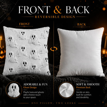 Brylla Halloween Pillow Covers 18 x18 Inch Set of 2 - White Floating Ghost Soft Plush Faux Fur Retro Throw Pillow Cases for Couch Sofa Living Room, Chair Halloween Indoor Decor