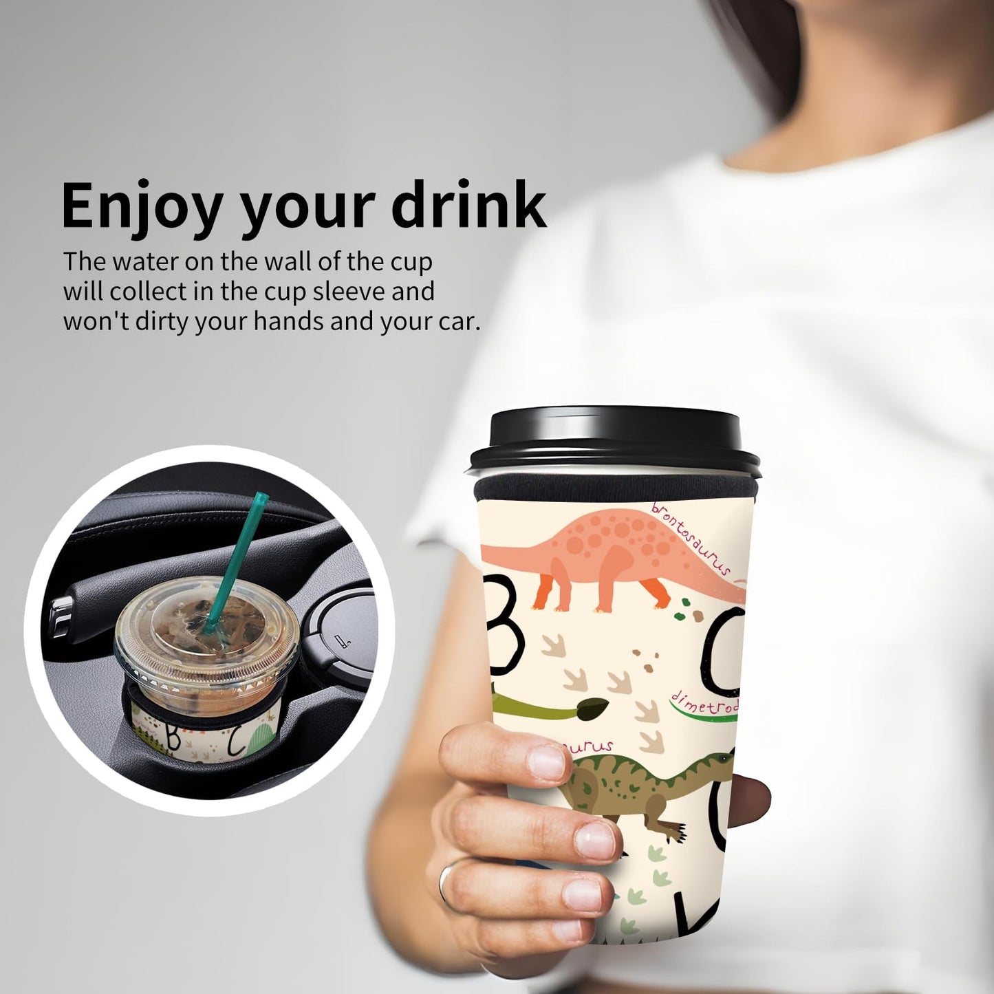 DAORJWL 3 Pack Reusable Insulated Neoprene Sleeve for Iced & Hot Drinks, Cute Durable Iced Coffee Cup Sleeve, Beverage Holder for Iced Coffee Cute Dinosaur
