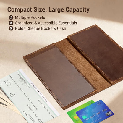 CoBak Genuine Leather Checkbook Cover – RFID Blocking, Luxury Handcrafted Design, Slim & Durable Organizer for Personal & Business Checks.Genuine Leather Brown