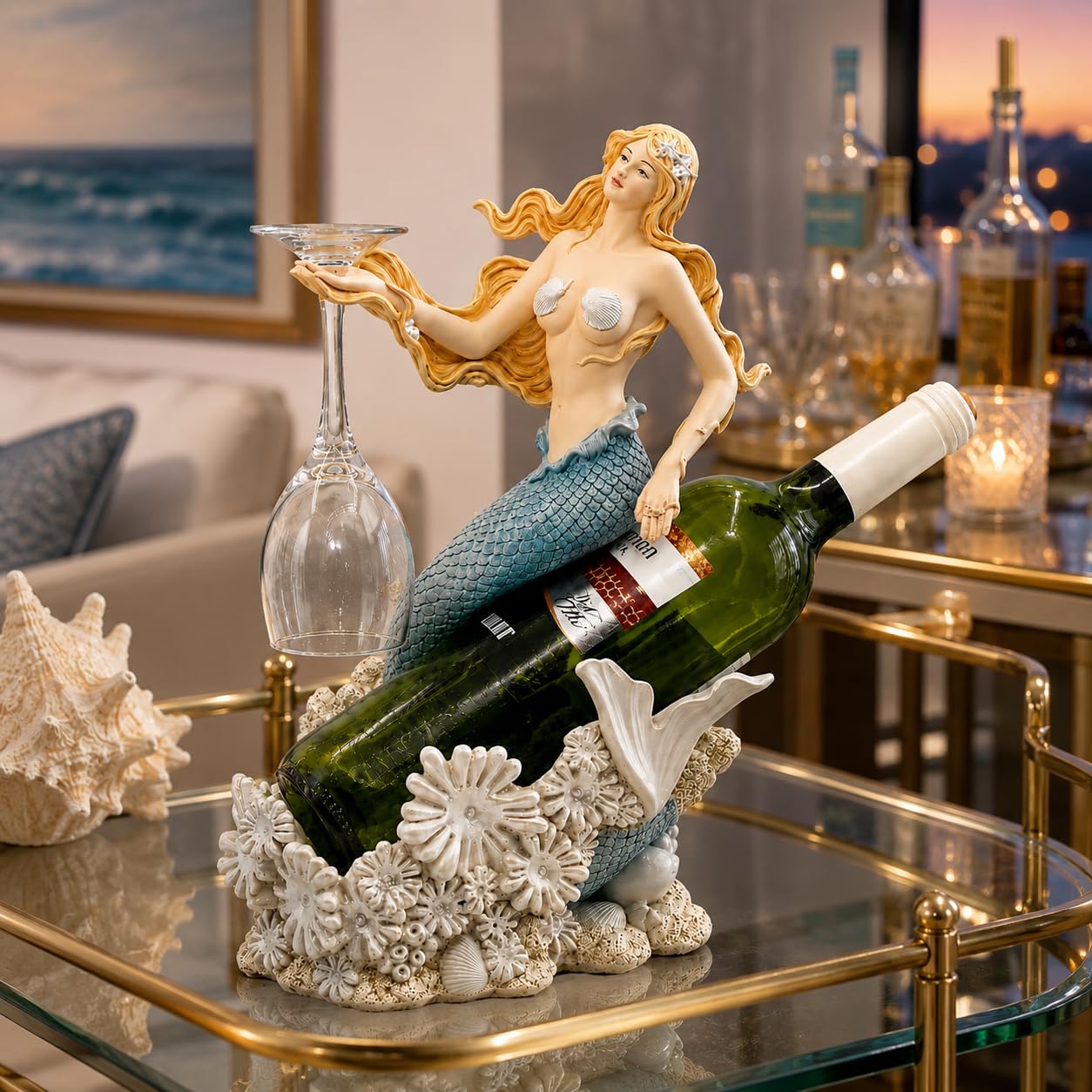 Comfy Hour Under The Sea Collection Mermaid Wine Rack Bottle Holder, 8.46"L x 5.7"W x 13.0"H, Polyresin