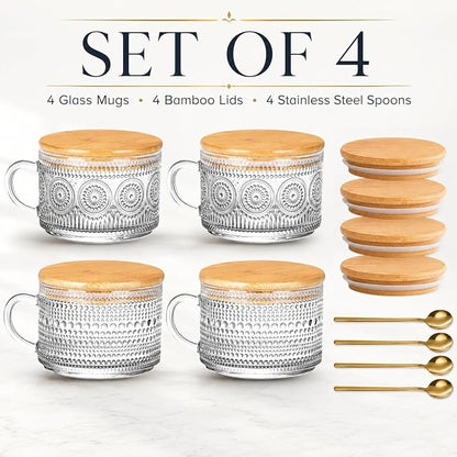 Semderm Vintage Glass Coffee Mugs Set of 4, Overnight Oats Containers with Bamboo Lids and Spoons - 14oz Clear Tea Cups for Cappuccino Latte Americano Cereal Yogurt Beverage