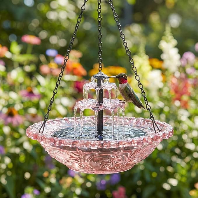 Solar Cascade Hanging Bird Bath Fountain, New Hanging Bird Bath with Flowing Water, Bird Bath Fountain Decorative Garden Yard Patio for Outdoor (Red)