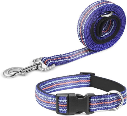 Reflective Dog Collar and Leash Set, Nylon Dog Leash with Heavy-Duty Steel D-Ring, Adjustable with Quick Release Buckle for Large Dogs, Dark Blue L
