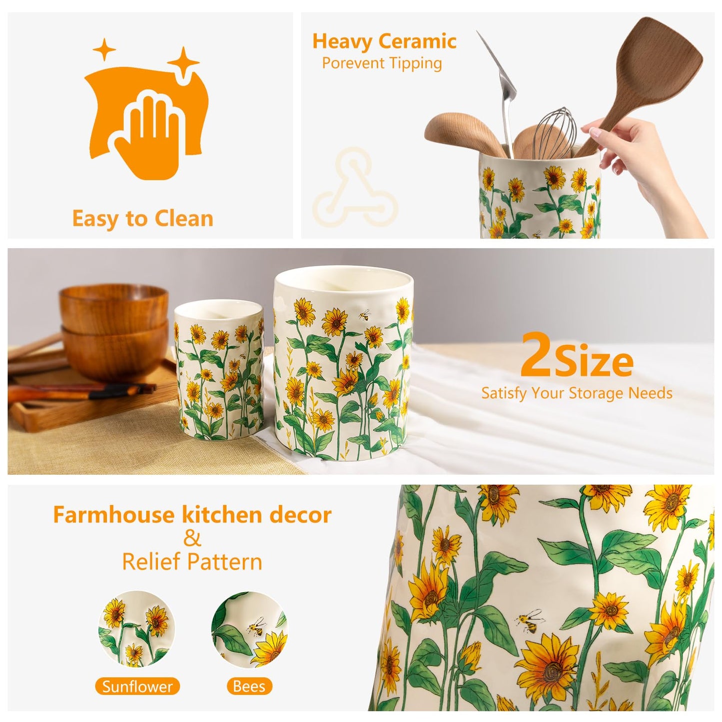 Sunflower Utensil Holder, 7.1"+5.4" Ceramic Utensil Holder for Kitchen Counter, Cooking Utensil Crocks for Countertop, Utensil Storage Container Organizer for Spoon, Sunflower Farmhouse Kitchen Decor