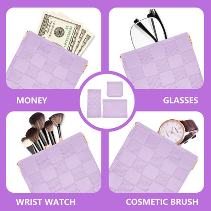 3PCS Small Makeup Bag for Women, Mini Cosmetic Bags Leather Pocket Pouch Purse,Snap Closure Waterproof Portable Bag,Checkered Storage Travel Bag for Lipstick Change Glasses Coin Cards (Purple)