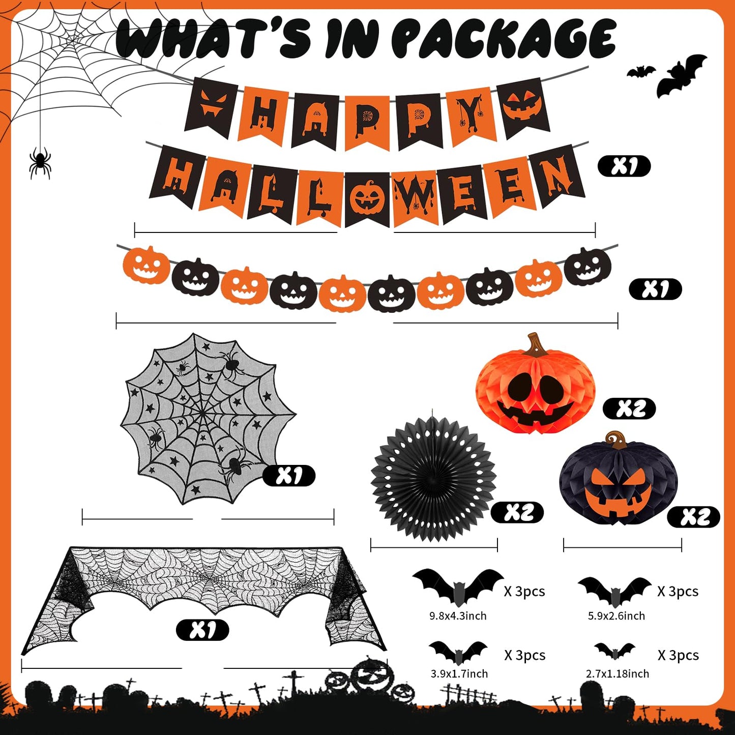 Halloween Party Decorations Indoor Kit with Paper Honeycomb Balls & fans, Fireplace Mantel Scarf, Spiderweb Table Runner, Banner, 48 Pcs Scary Bat Sticker for Halloween Spooky Home Decor