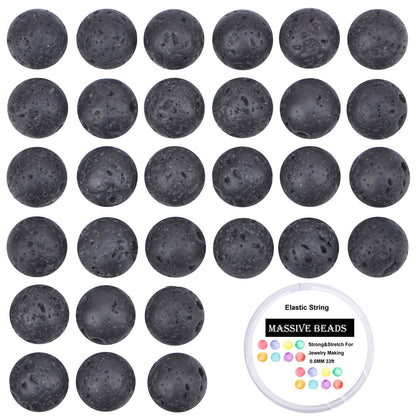 100Pcs Natural Crystal Beads Stone Gemstone Round Loose Energy Healing Beads with Free Crystal Stretch Cord for Jewelry Making (Black Lava, 8MM)