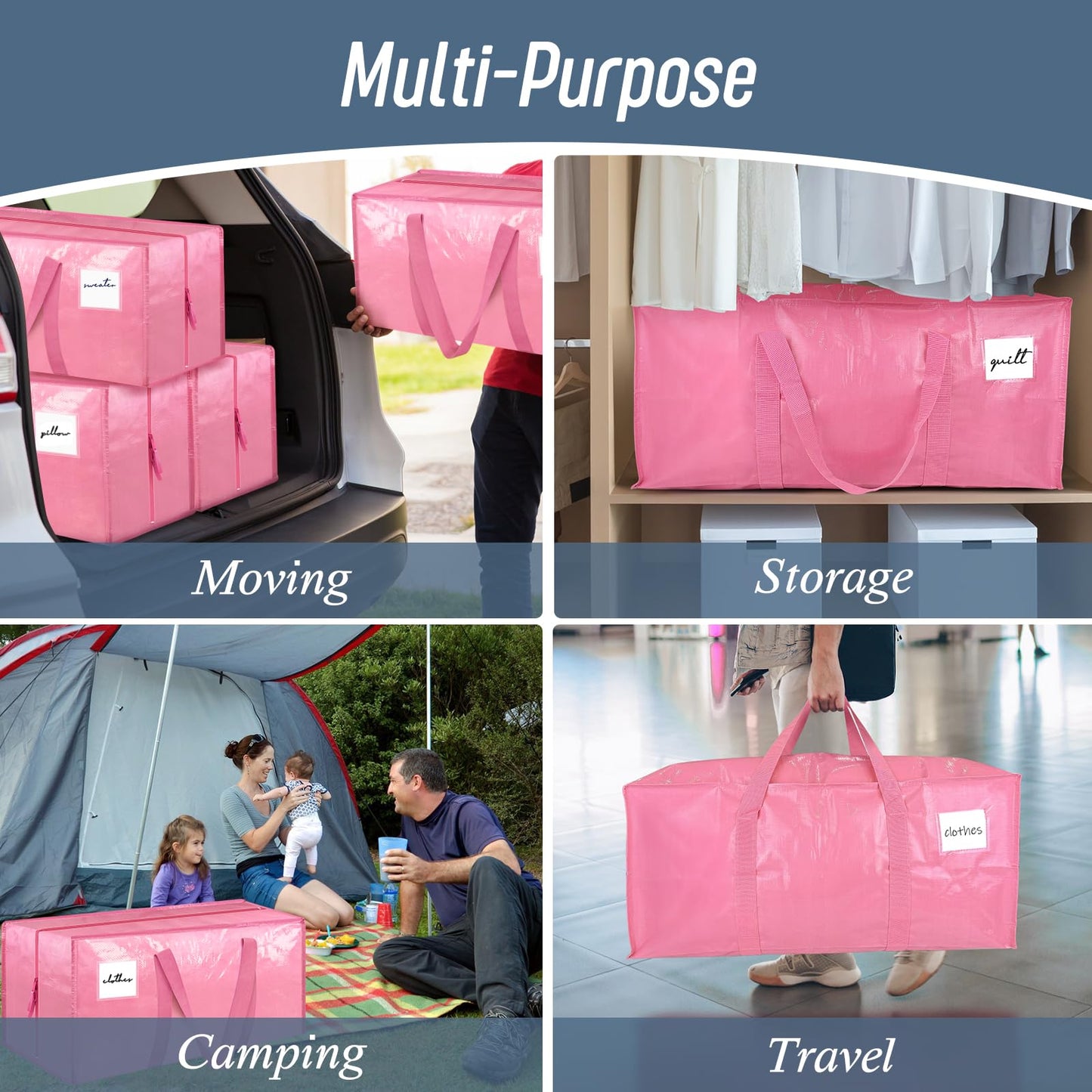 12 Pack Extra Heavy Duty Large Moving Bags with Strong Zipper & Comfortable Handles, Sturdy & Durable Clothes Storage Bags Totes Bins, Packing Moving Boxes for College Supplies, Pink