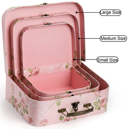 Fasmov 3 Pack Paperboard Suitcases Storage Box Decorative Storage Boxes Gift Boxes With Lids for Photo Storage Home Decoration, Wedding, Birthday, Anniversary, Pink