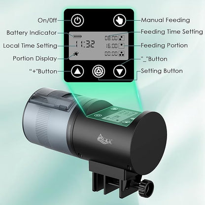 AQQA Automatic Fish Feeder for Aquarium, 200ml Large Capacity Moisture-Proof Fish Feeder Automatic Dispenser with LCD Timer, Battery Operated Auto Fish Feeder for Betta, Turtle, Fish, Koi, Small Tank