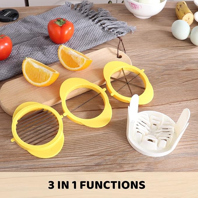 [Upgraded] Jawbush 3 in 1 Egg Slicer with Metal Blades for Hard Boiled Eggs & Soft Fruits, Stainless Steel Hard Boiled Egg Cutter, Heavy Duty Strawberry Mushroom or Ham Slicer, Dishwasher Safe