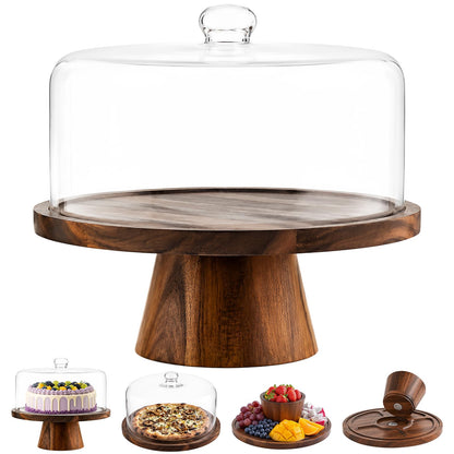 PopularLdo Acacia Wood Cake Stand with Lid - 12 Inch Magnetic Detachable Cake Stand with Dome, Shatterproof Acrylic Cover, Versatile Cake Holder & Charcuterie Board for Parties, Dessert Table Display