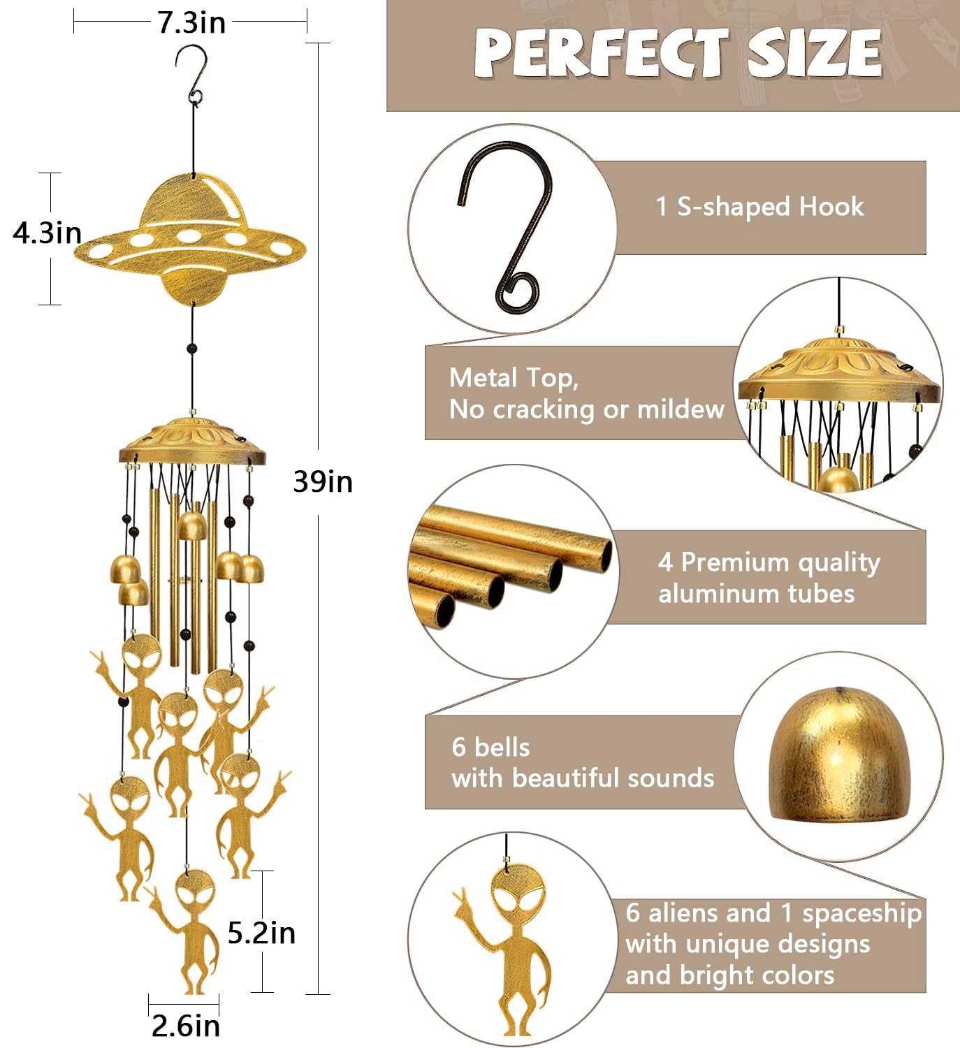 Alien Wind Chimes for Outside, Extraterrestrial UFO Windchimes Decor, Metal Saucerman Bell, UFOs & Aliens Wind Chime Yard Garden Decor Outdoor, Men/Women/Memorial/Housewarming/Birthday/Festival Gifts