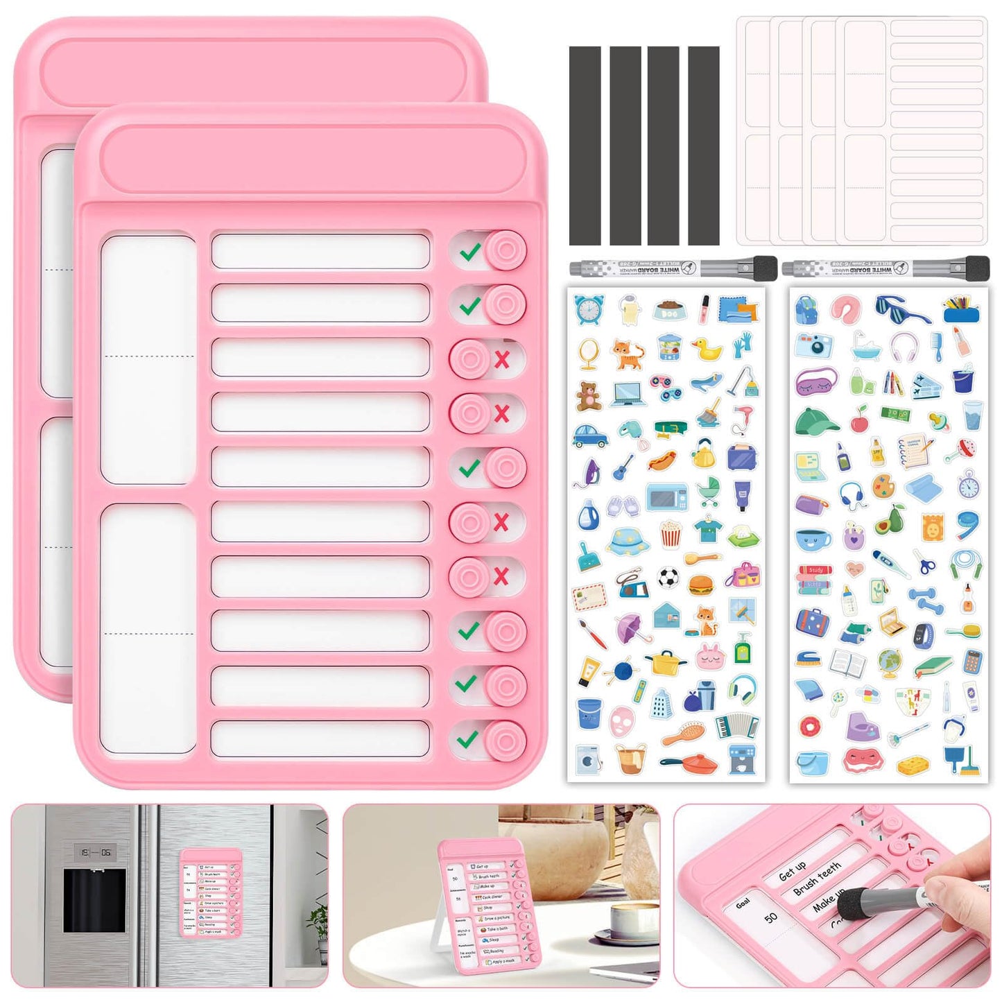 Audab 2Pcs Dry Erase Chore Chart for Kids, Magnetic Checklist Board, My Chores Slider Chart to Do List Board, Routine Reward Chart Schedule Board Task Tracker for Home Refrigerator, Wall, Desk (Pink)