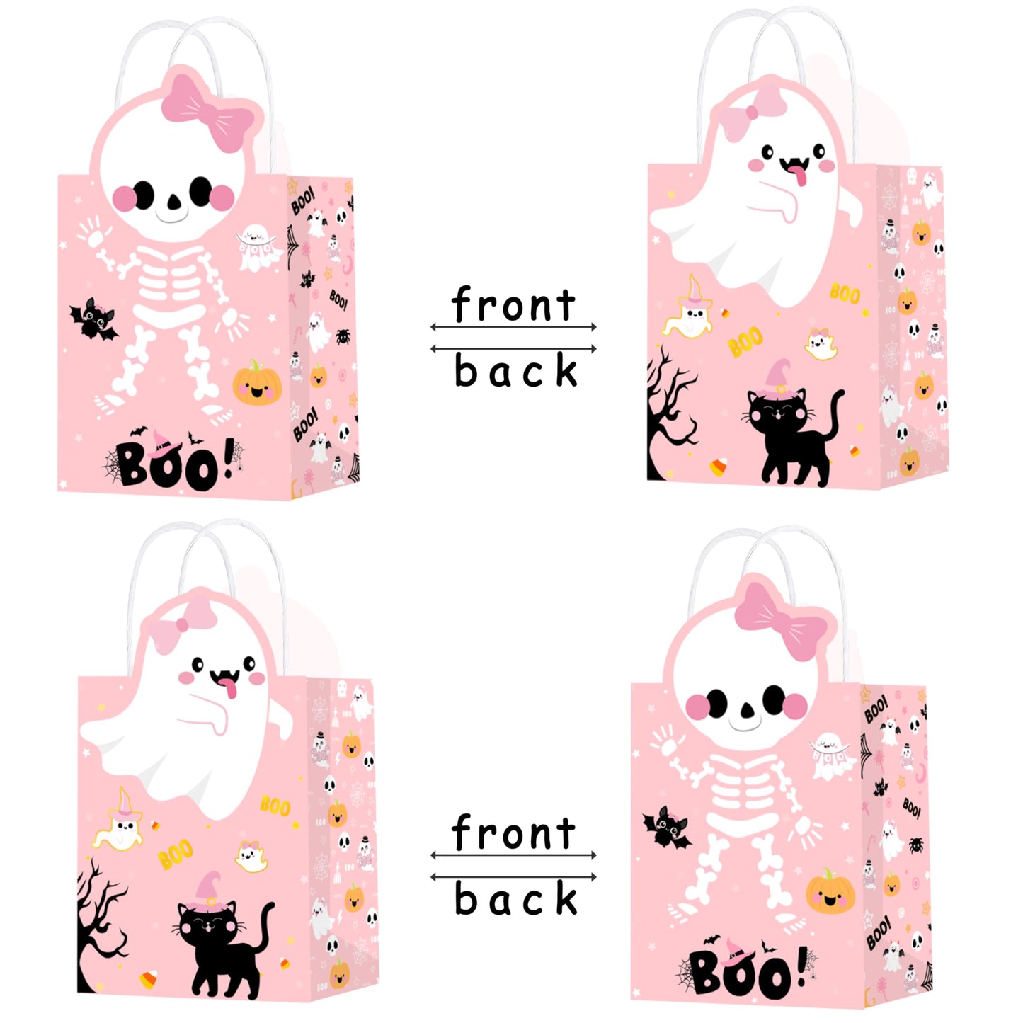 C L cooper life Halloween Party Tote Gift Bags with Handles 12pcs Pink Halloween Ghost Skull Candy Goodies Bags for Girls Ghost Bat Pumpkin Themed Trick or Treat Party Favor Supplies