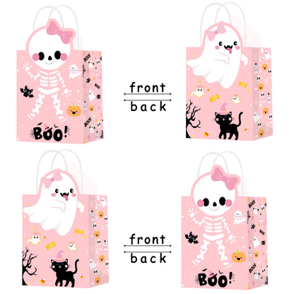 C L cooper life Halloween Party Tote Gift Bags with Handles 12pcs Pink Halloween Ghost Skull Candy Goodies Bags for Girls Ghost Bat Pumpkin Themed Trick or Treat Party Favor Supplies