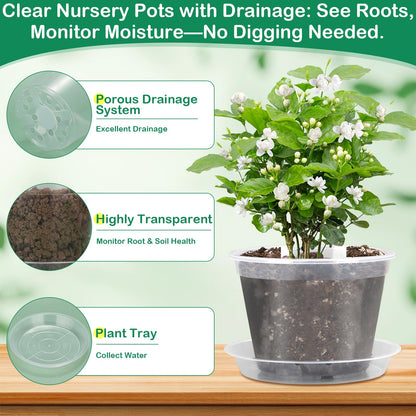 30Pcs Clear Plastic Nursery Pots with Drainage Holes and Saucers, 2.8/3.1/3.5/3.9/5.1/5.9/7.1Inch Seedling Starter Pots with Tool for Indoor Outdoor Gardening Flower, Herb, Succulent Transplanting