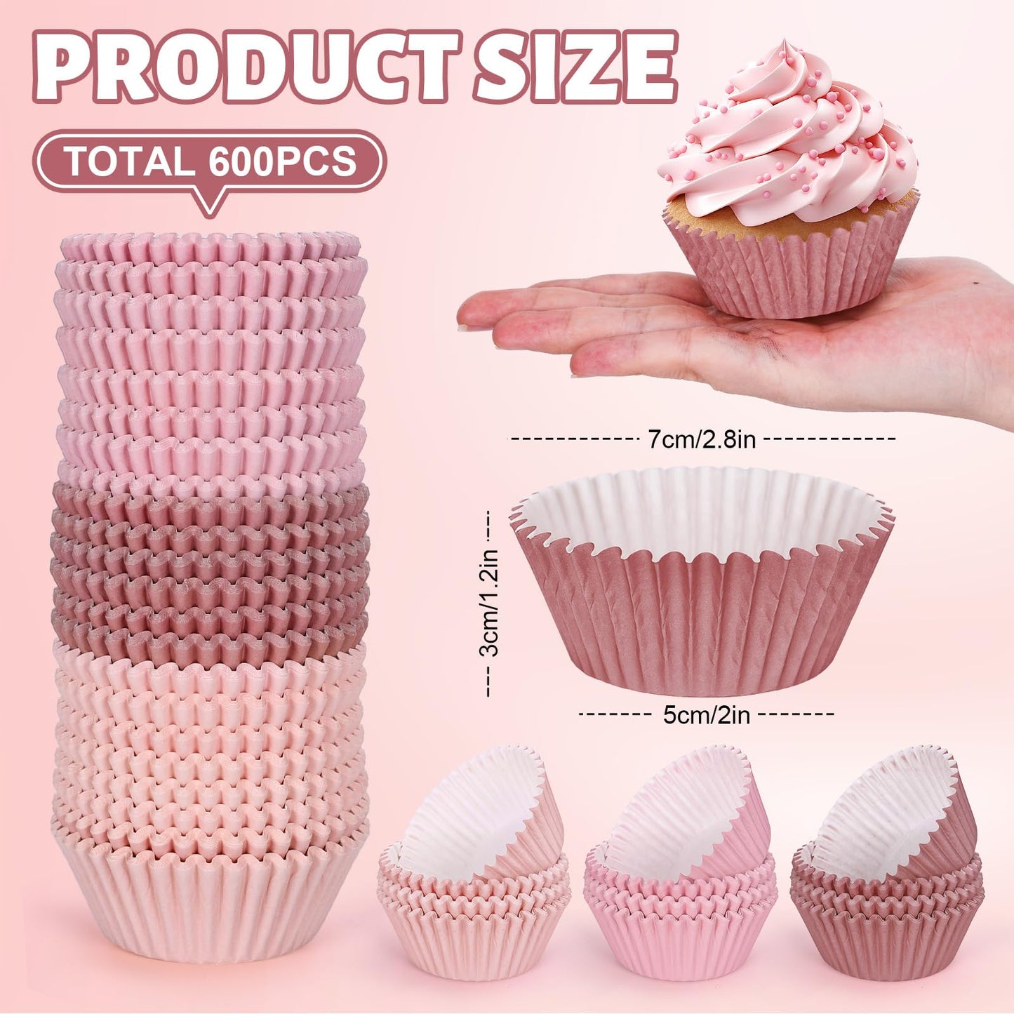Whaline 600Pcs Dusty Pink Cupcake Liners Gradient Pink Color Baking Cups Holders Rose Cupcake Wrappers Muffin Liners for Bridal Baby Shower Wedding Birthday Party Supplies