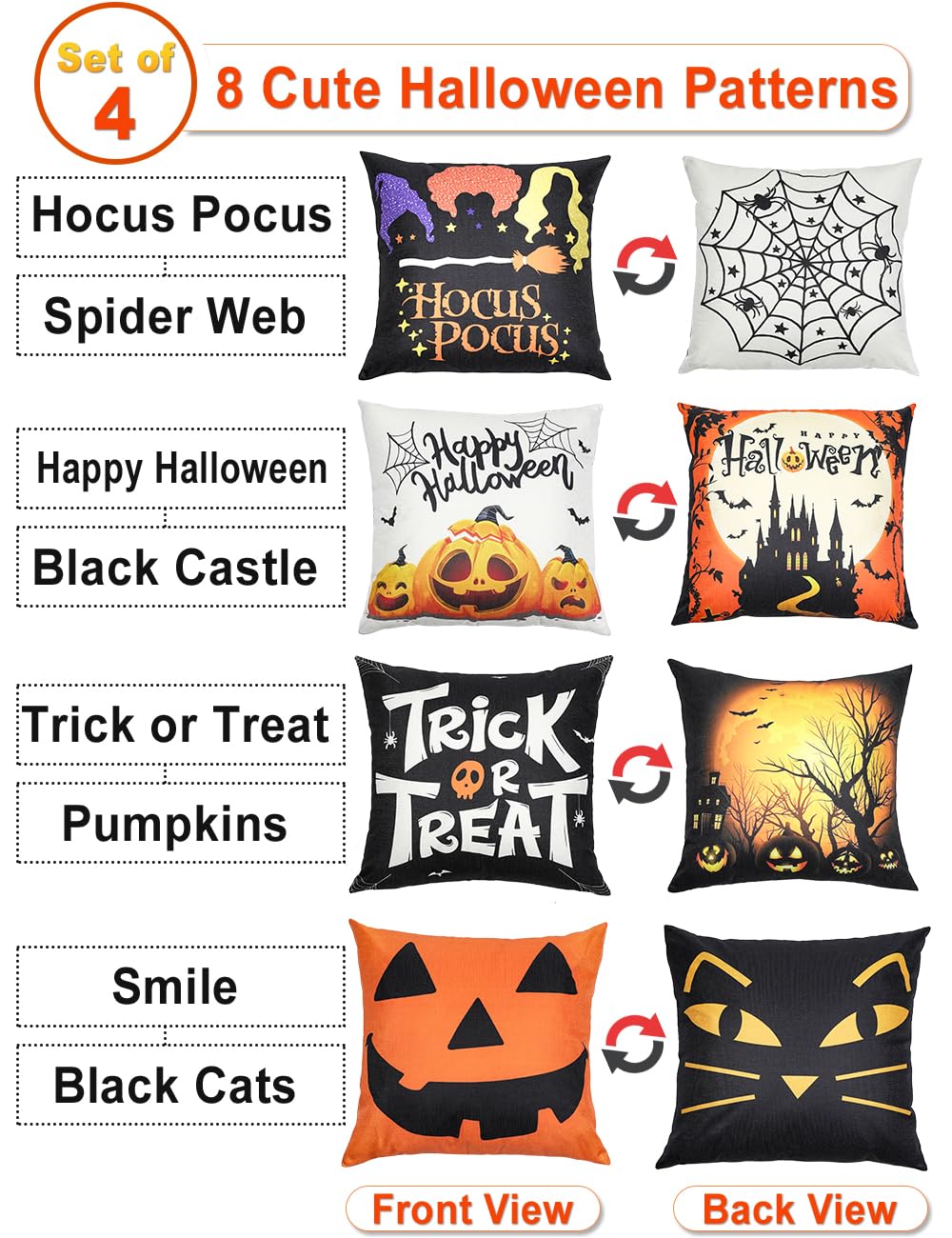 Halloween Decorations Set Of 4 Double-Sided Print Pillow Covers 20" x 20", with 8 Cute Halloween Decor Patterns, Elegant Invisible Zipper, Soft Linen Throw Pillow Covers for Outdoor & Indoor Use
