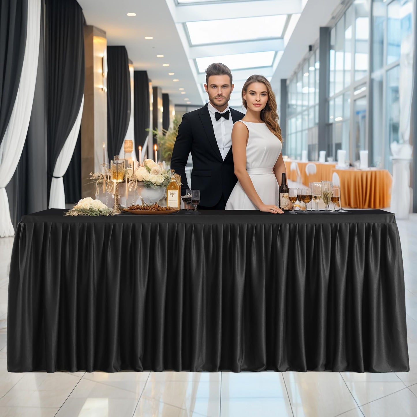 Wish Care Black Table Clothes for Rectangle Tables 6ft, Wrinkle Resistant Fitted Table Cloth with Pleated Ruffle Skirts for Banquet Wedding Baby Shower Folding Tables