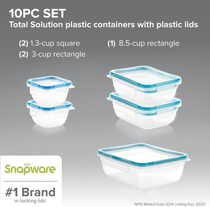Snapware Plastic Total Solution 5-Pack (Mixed Sizes) Food Storage Containers Set, Leakproof & Airtight Plastic Locking Lids Rectangular Tupperware, BPA-Free Lids, Microwave Dishwasher Freezer Safe