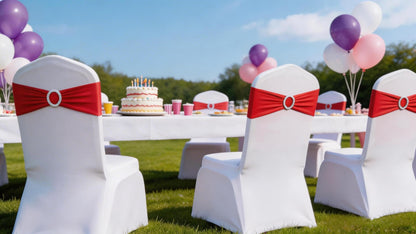 SINSSOWL Wedding Red Chair Sashes 100 Pack Spandex Chair Bows Bands with Buckles for Party Birthday Bridal Shower Engagement Banquets Anniversary Christmas Outdoor Events Decorations (Red)