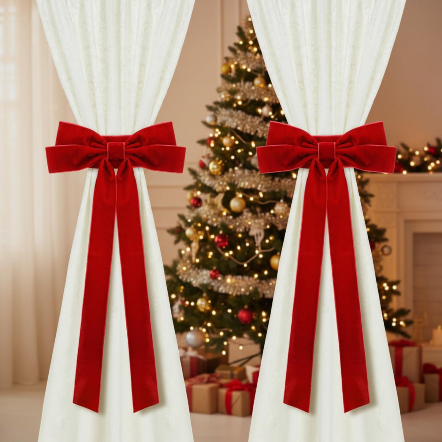 Amyhill 2 Pcs Christmas Red Bow Curtain Tie Backs Burgundy Velvet Bowknot Drapes Buckle Holde Curtain Back Fastener for Xmas Wedding Birthday Cabinet Window Home Hotel Dining Room Party Decoration