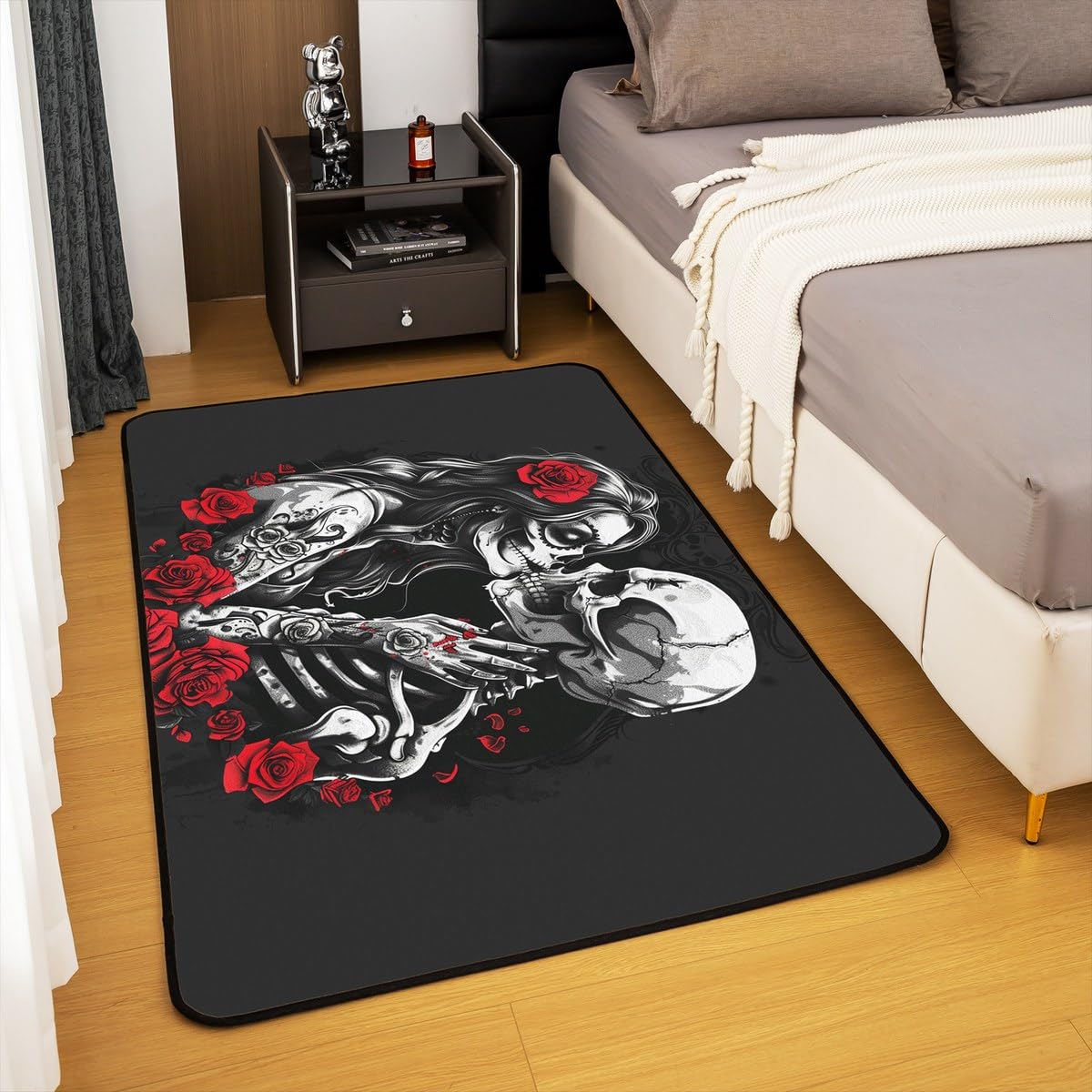 Erosebridal Gothic Couple Skull Area Rug 3x5 Skeleton Bones Rug for Bedroom Living Room Halloween Red Rose Flower Carpet Decor Goth Style Indoor Floor Mat Non Slip