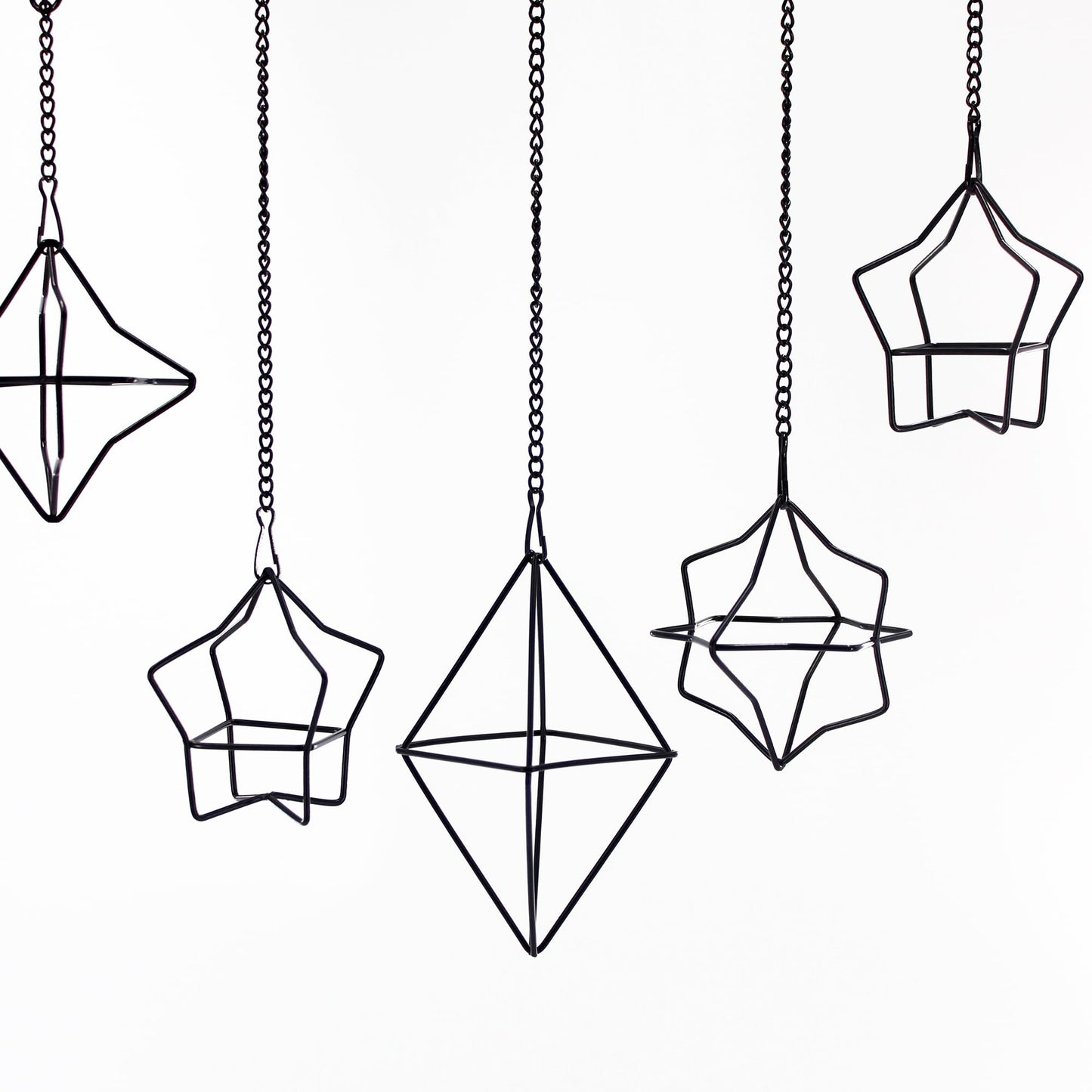libproqia Geometric Air Plant Hanger 6 Pack Black Metal, 3 Shapes & 2 Sizes with Detachable Chains, Modern Himmeli Wall Hanging Planter for Tillandsia Indoor Home Decor