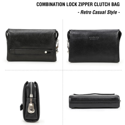 Top Grain Genuine Leather Handbag Wallet for Man & Woman, Handmade Retro Design, Combination Lock & Retractable Hand Strap & Multi Pockets/Slots, Portable RFID for Cards/Checks/Phone/Banknote, Black