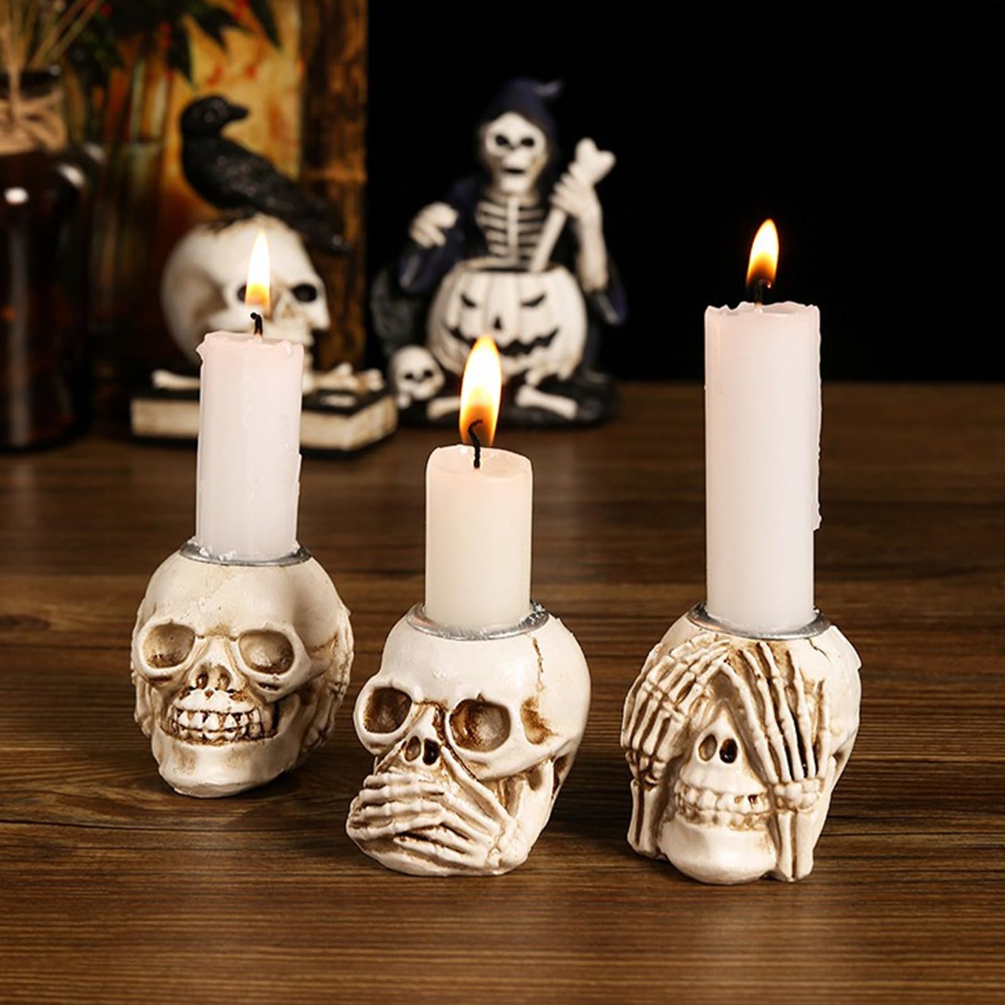 Whaline 4Pcs Halloween Candle Holder Gothic Skeleton Palm Skull Decor Mini Candlestick Holder Resin Tealight Holder for Home Tabletop Spooky Theme Party Decor Supplies