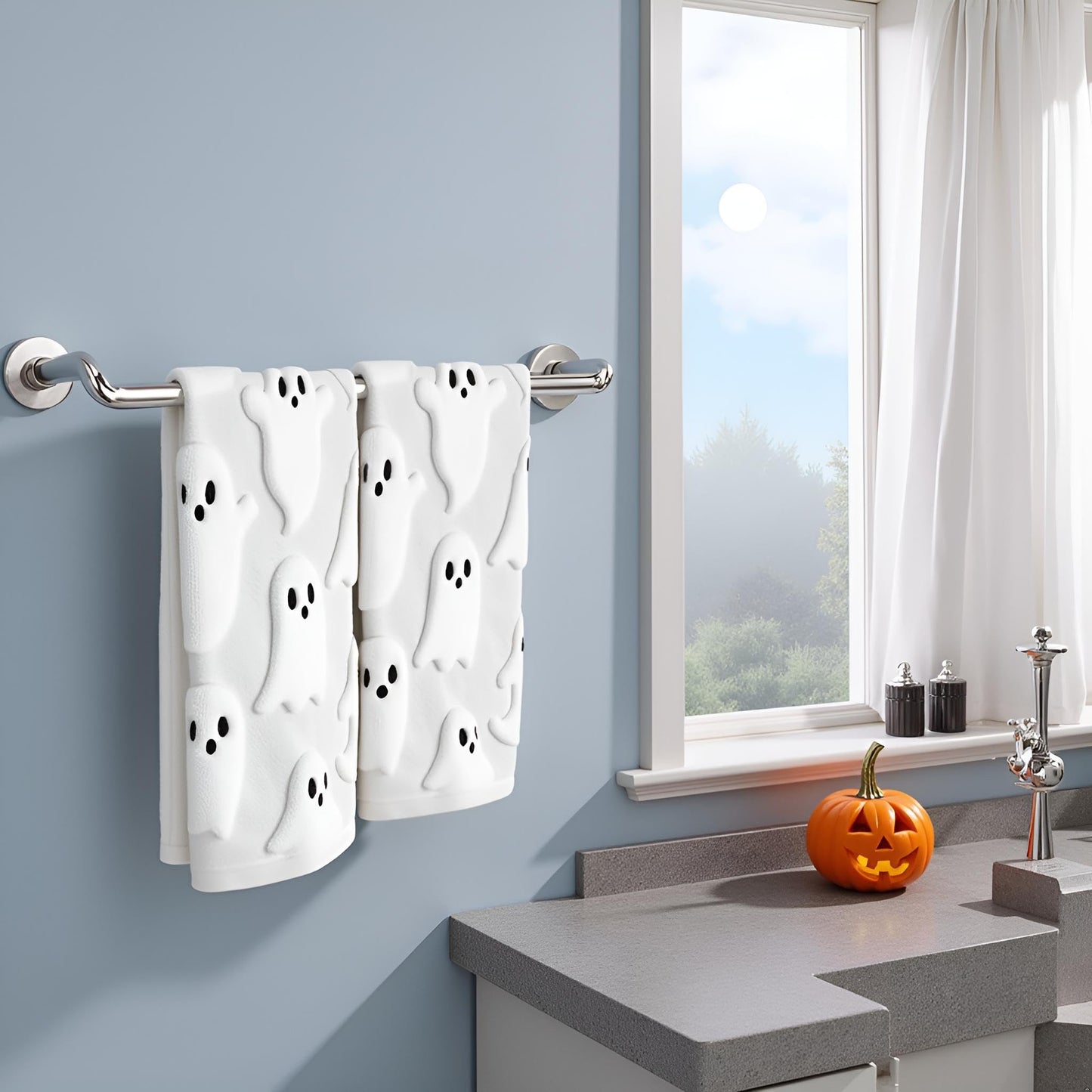 Xkdamai 2 Pack Halloween Hand Towels 100% Cotton Jacquard Ghost Halloween Kitchen Towels White Bathroom Towels Set Seasonal Bathroom Decor (White Ghost, Halloween)