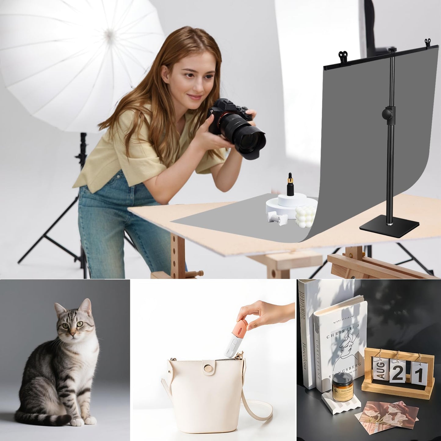 Yoocheese Photo Backdrop Kit, Double-Sided Paper Background with Stand, 22x34 Inch, 14 Colors, for Product Food Photography, Studio Tabletop Props