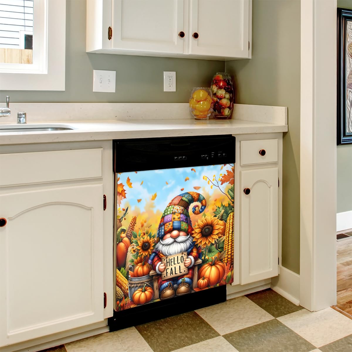 Pumpkin Gnome Cute Sunflower Fall Dishwasher Magnet Cover Pumpkin Flower Magnetic Dishwasher Decorative Cover Front Dishwasher Door Cover for Kitchen Refrigerator Home Appliances 23" X 26"