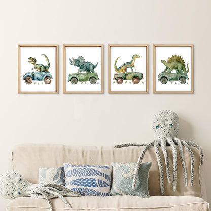 VONTP Dinosaur Nursery Wall Art Decor, Green Dino Construction Truck Boys Room Artwork for Kids Room Nursery Playroom, 8x10 Inch Set of 4 (Unframed)