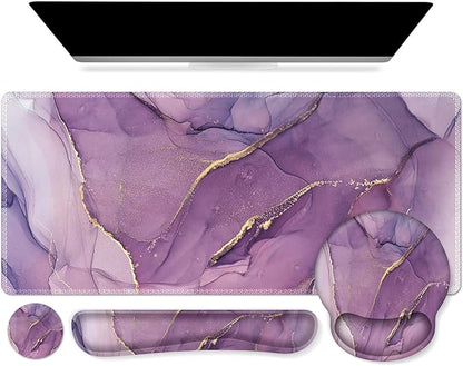 iCasso Purple Ergonomic Large Mouse Pad with Wrist Support, 4in1 XXL Desk Mat Set- Keyboard Wrist Rest + Mouse Wrist Rest + Coaster, Marble Style Desk Pad Mousepad